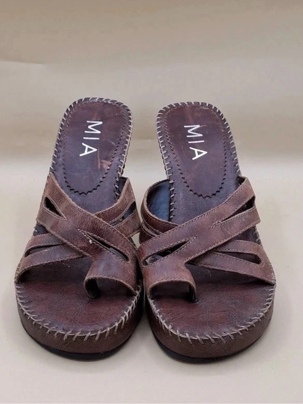 Vintage Y2K MIA Women's Brown Leather Slide Sandals Mules Heels
